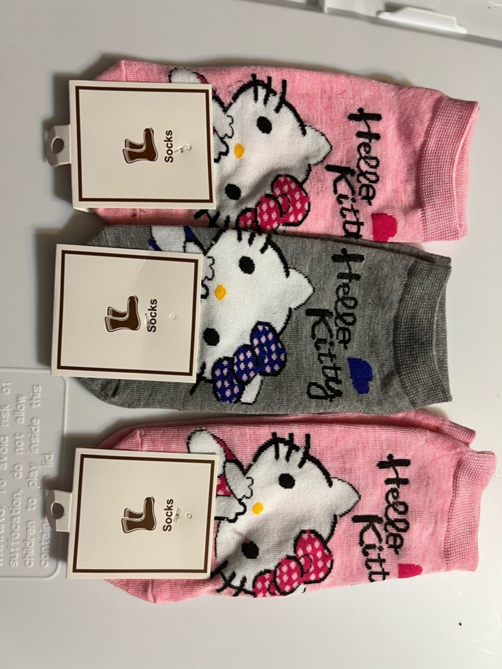 Hello Kitty Kids Socks- 2 Pink & 1 Gray 3 Pair Bundle Fits up to Adult 5/6 NWT.
